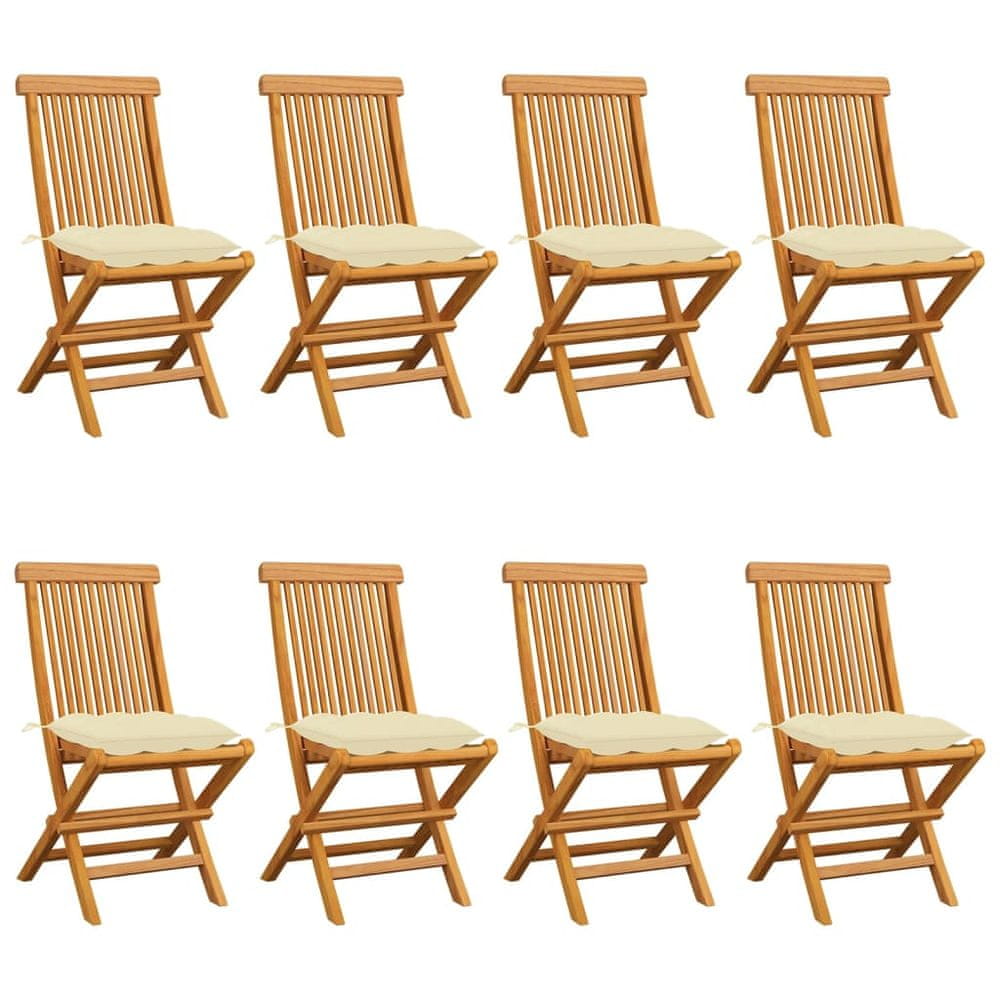 Vidaxl Záhradné stoličky s krémovo-bielymi podložkami 8 ks tíkový masív
